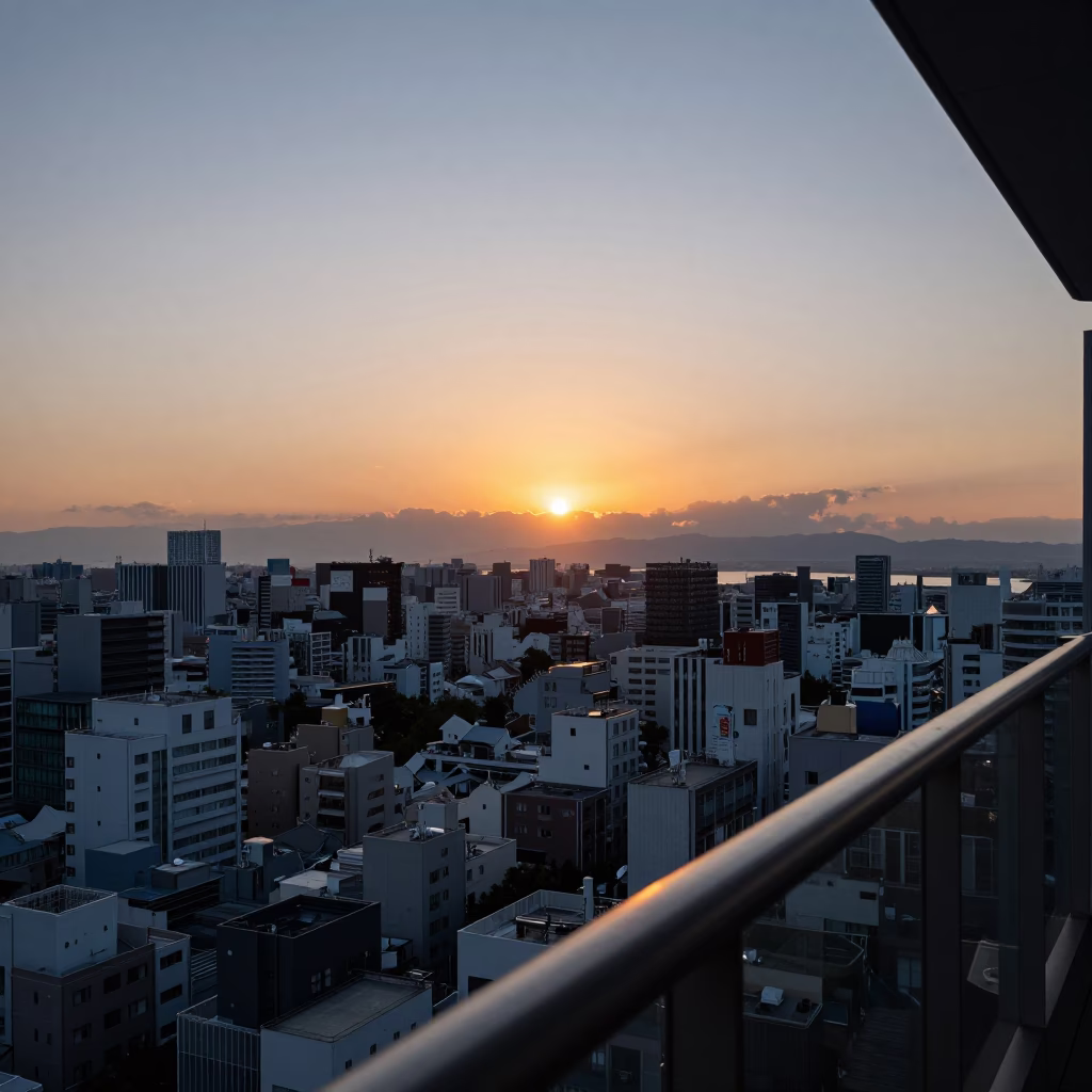 High Rise at As The Sun Drops Toward The Horizon in Osaka in in Osaka, Japan