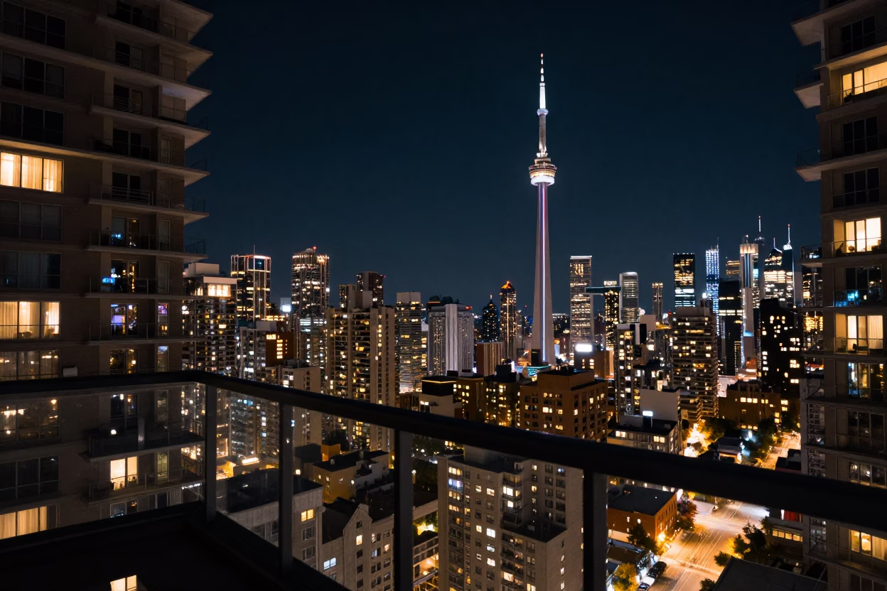 High-Rise Balcony at The Deepest Night Sky Light in Toronto in in Toronto, Ontario, Canada
