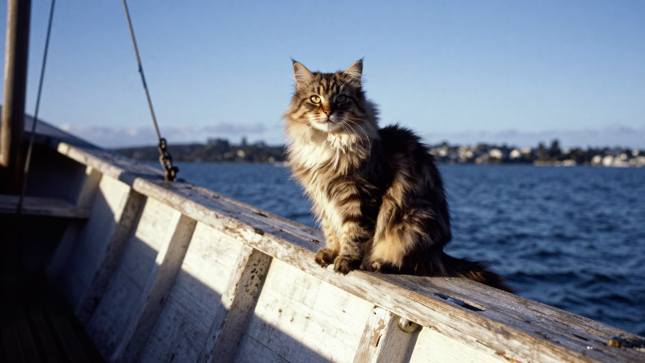 Highland Shorthair Cat on Auckland Wooden Fishing Boat in Late Afternoon Light in in Auckland, New Zealand
