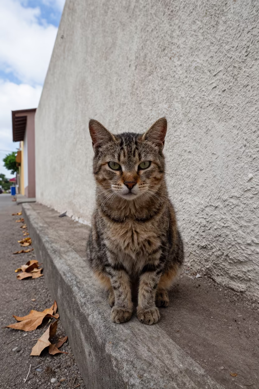 Highlander Cat by Garden Edge in San Juan Morning Light in near a garden edge with soft morning light and an uncluttered background near La Placita, San Juan