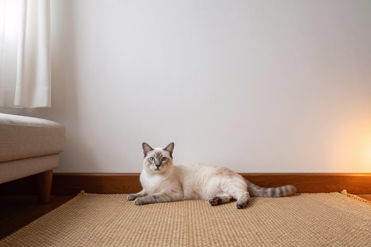 Highlander Cat Lounging in Paraty Midmorning Light in on a woven rug beside a low couch and an uncluttered wall in Paraty