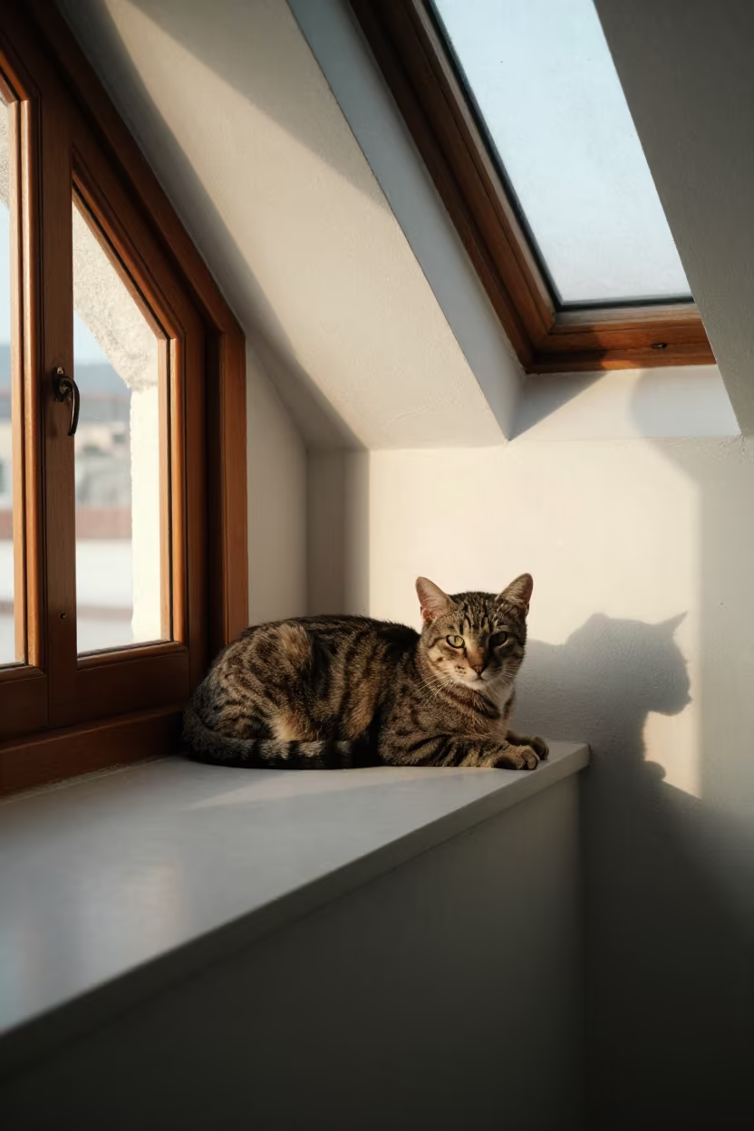 Highlander Cat Lounging on Window Seat in on a window seat in a quiet apartment with soft side light near Huánuco