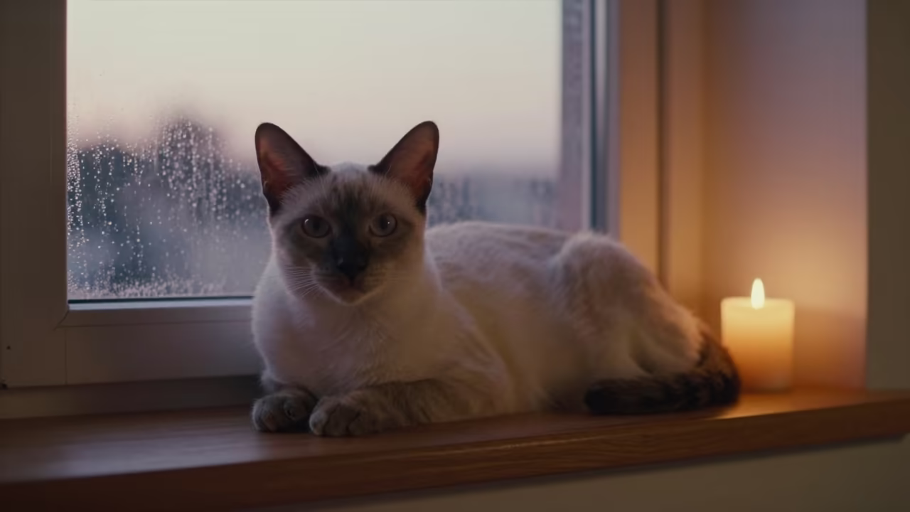 Highlander Cat on Window Seat in Abidjan in on a window seat in a quiet apartment with soft side light in Abidjan