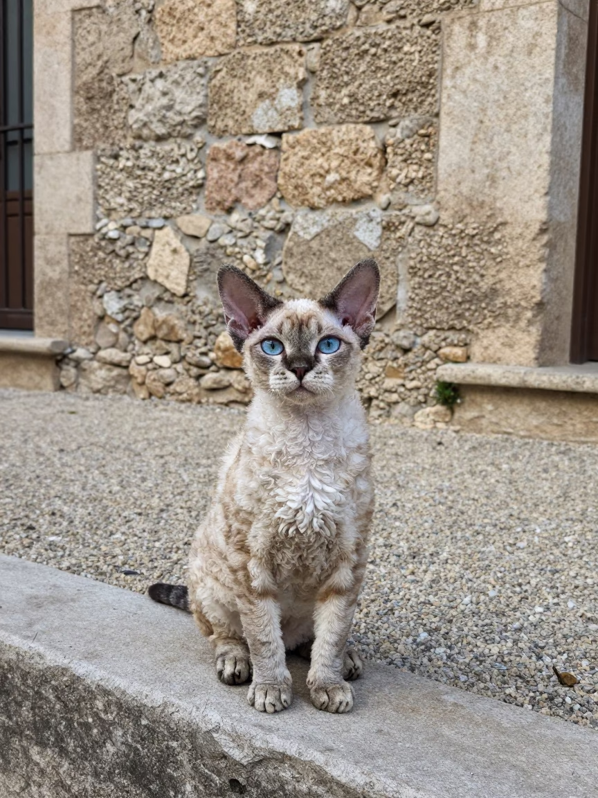 Highlander Cat Portrait Garden Edge Barcelona in near a garden edge with soft morning light and an uncluttered background in Barcelona