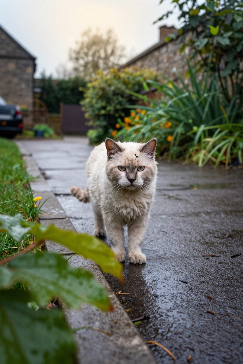 Highlander Cat Portrait in Derby Garden Light in near a garden edge with soft morning light and an uncluttered background in Derby