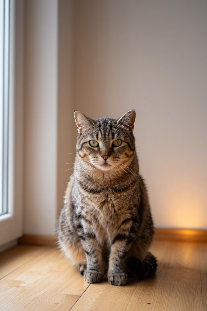 Highlander Cat Portrait in Leipzig Winter Light in beside a plain plaster wall in soft indoor light with the animal centered in frame in Leipzig