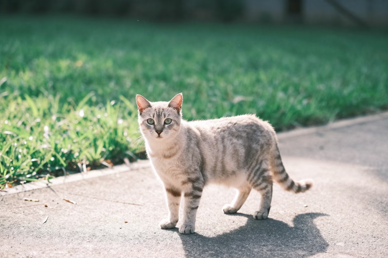 Highlander Cat Portrait on Quiet Park Path in along a quiet park path with soft open shade and a clean background near Chimoio