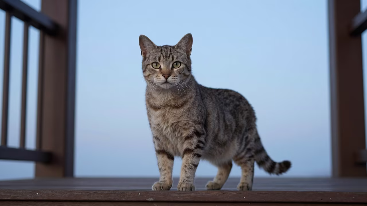 Highlander Cat Portrait on Russeifa Porch in on a shaded front porch with boards, railings, and eye-level framing in Russeifa