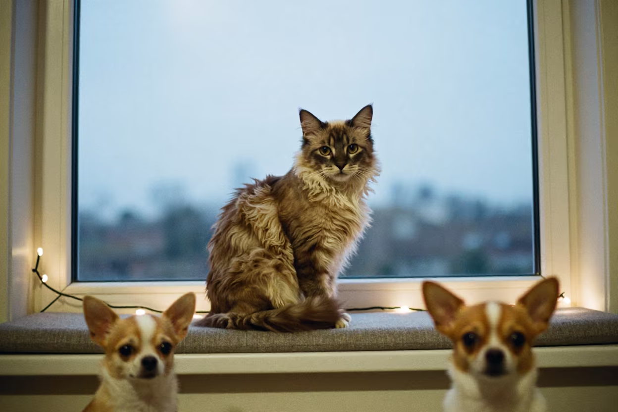 Highlander Cat Portrait on Window Seat Blue Hour in on a cushioned window seat with soft side light and an uncluttered background in Chihuahua