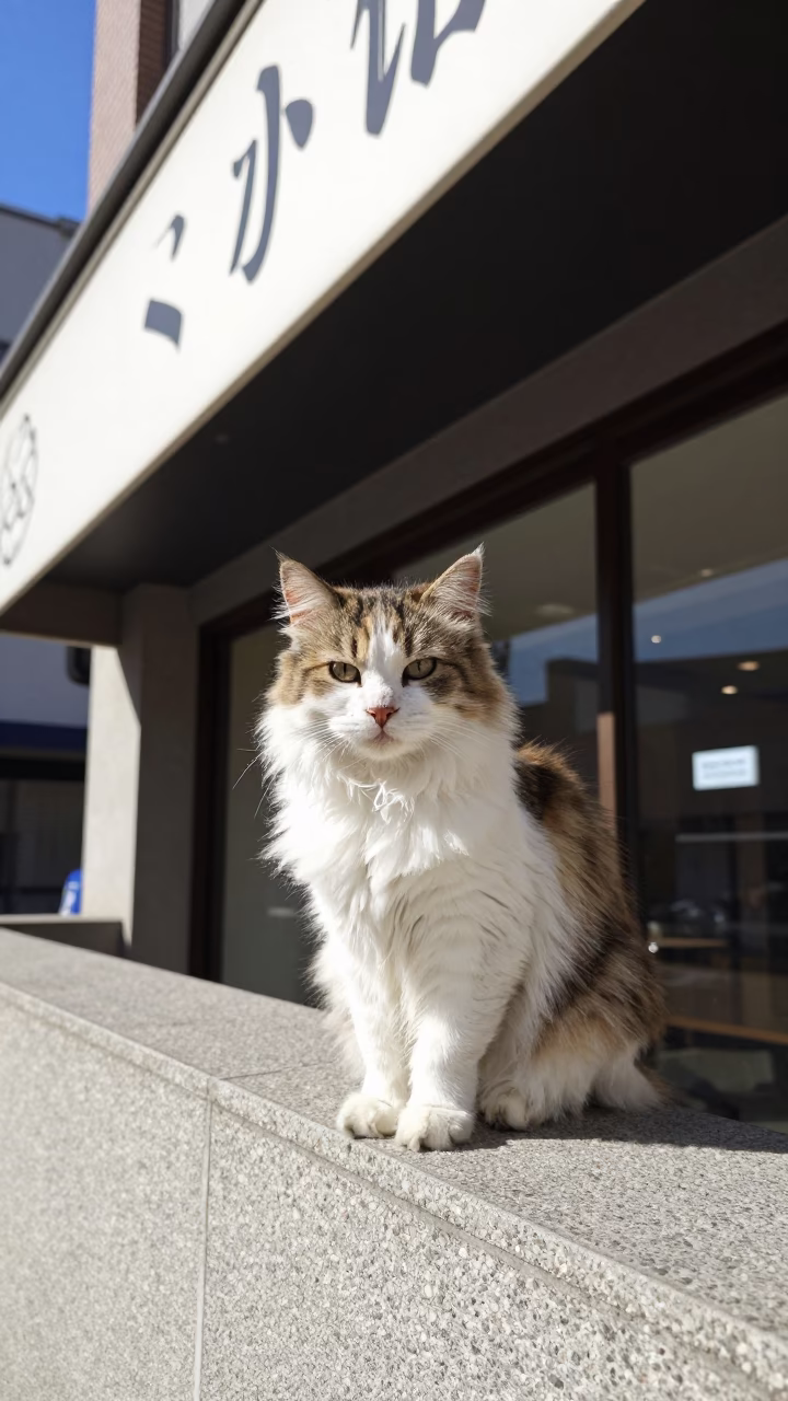 Highlander Cat Sitting on Sapporo Storefront Awning Under Noon Sun in in Sapporo, Japan