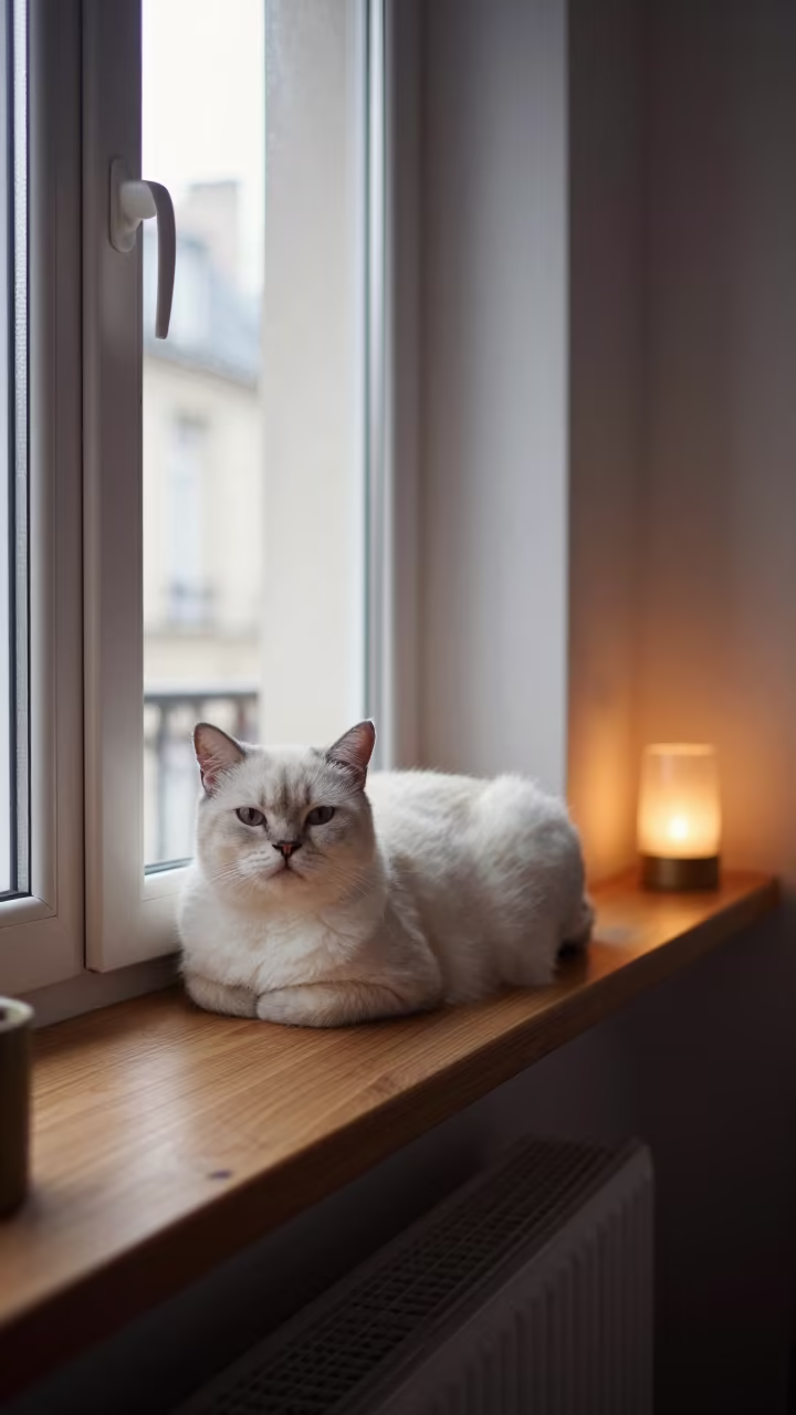 Highlander Shorthair Cat Lounging in Nantes Window Seat in on a window seat in a quiet apartment with soft side light in Nantes