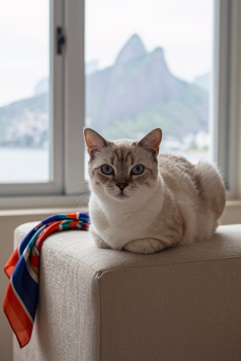 Highlander Shorthair Cat Lounging on Linen Sofa in on a linen sofa with daylight from a nearby window near Rio de Janeiro