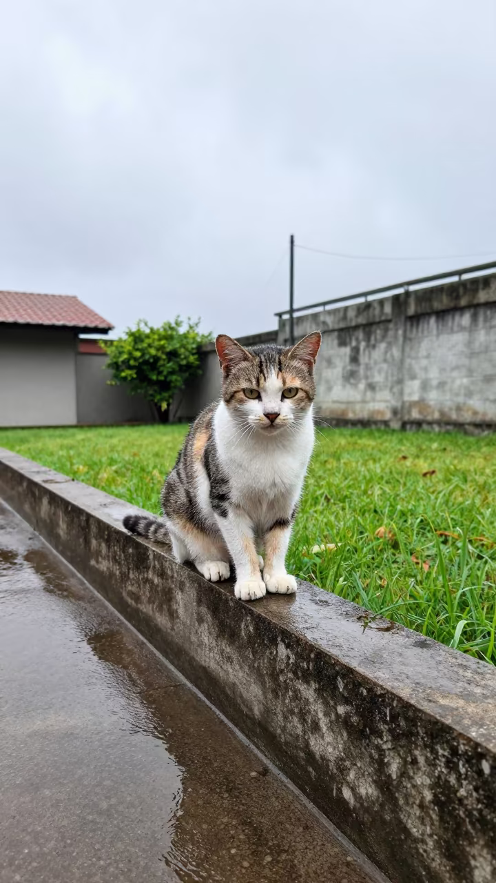 Highlander Shorthair Cat on Courtyard Wall in in a small yard with clipped grass, calm light, and the animal centered in frame near Campinas