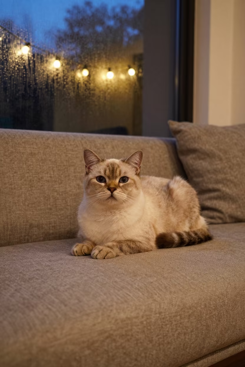 Highlander Shorthair Cat on Linen Sofa in Braamfontein in on a linen sofa with daylight from a nearby window in Braamfontein, Johannesburg