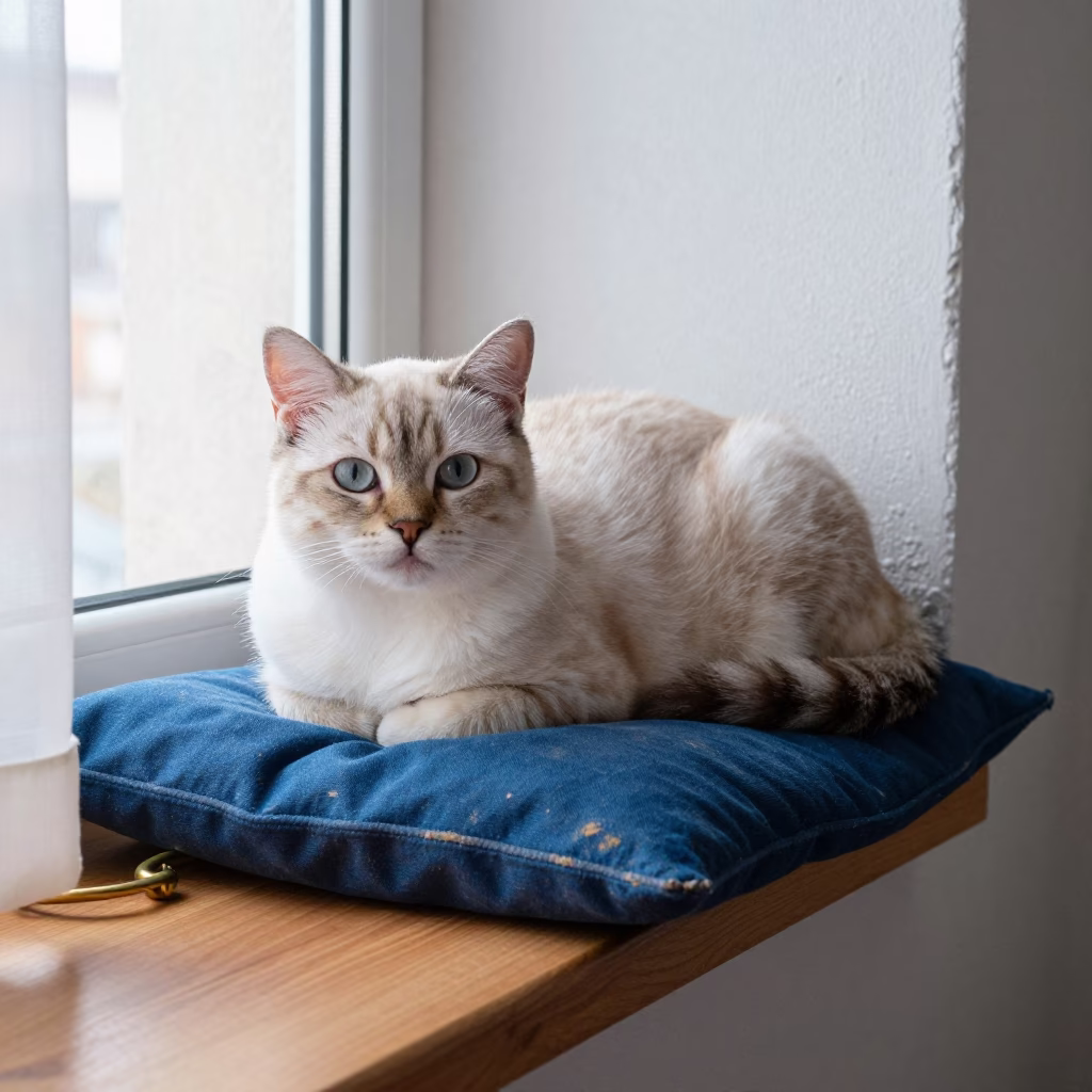Highlander Shorthair Cat on Window Seat in Raqqa in on a window seat in a quiet apartment with soft side light in Raqqa