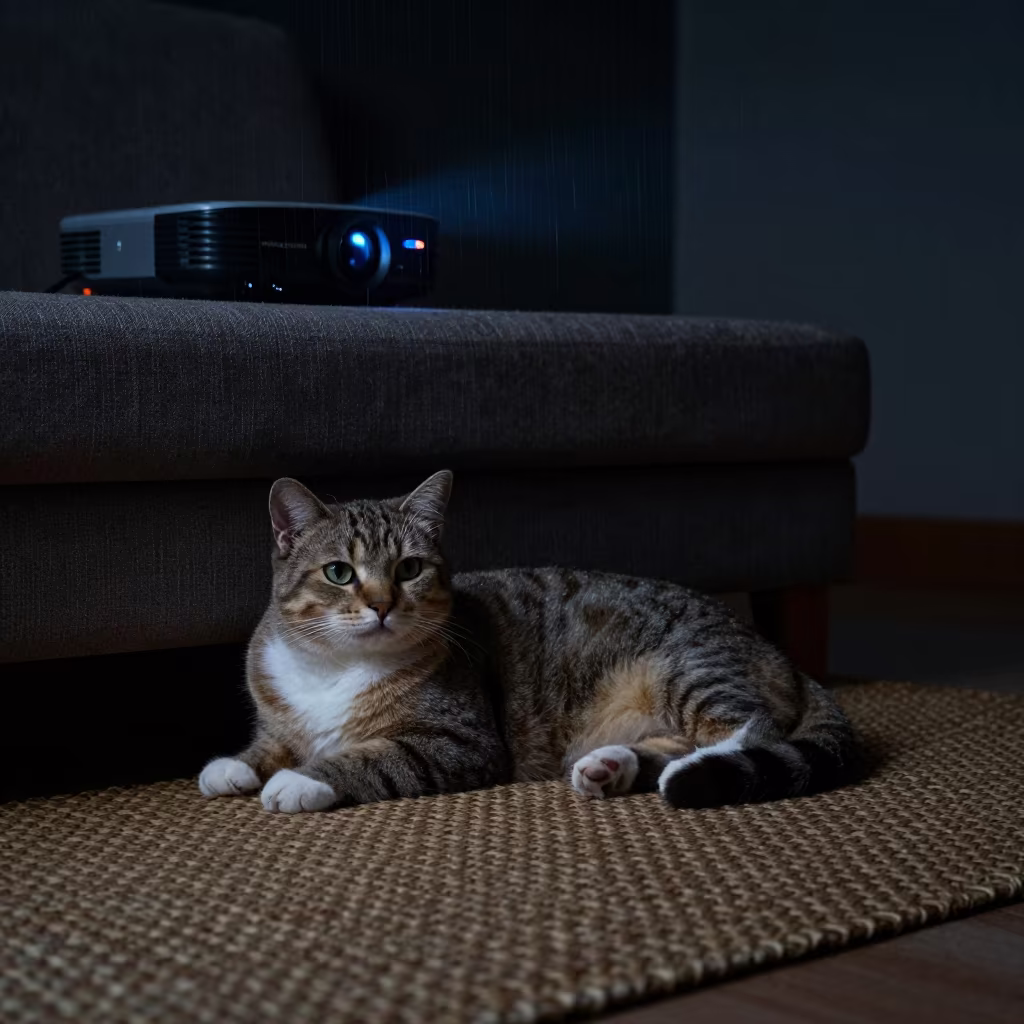 Highlander Shorthair Cat on Woven Rug in Udupi in on a woven rug beside a low couch and an uncluttered wall in Udupi