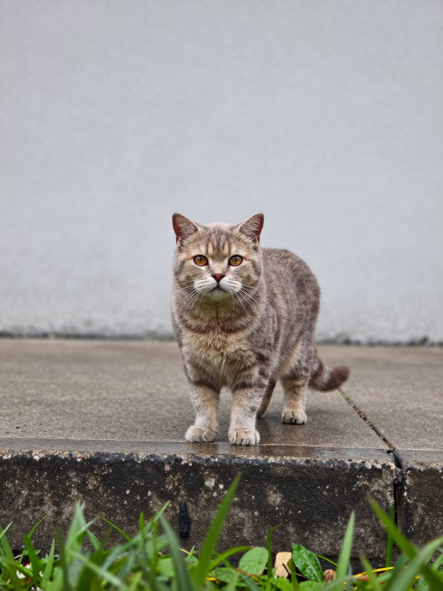 Highlander Shorthair Cat Portrait by Courtyard Wall in beside a plain courtyard wall in clear daylight with the animal at eye level in Edmonton