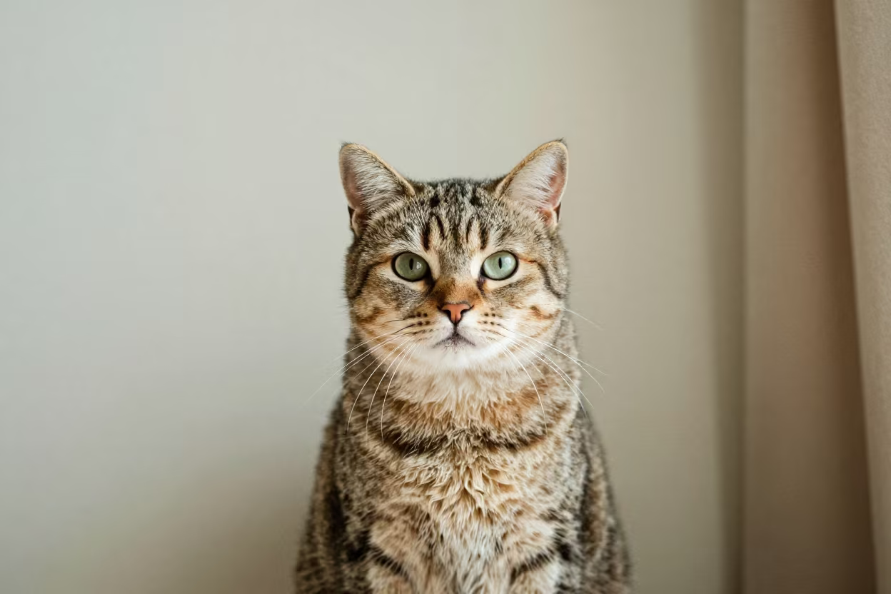 Highlander Shorthair Portrait Beside Trabzon Wall in beside a plain plaster wall in soft indoor light with the animal centered in frame near Trabzon