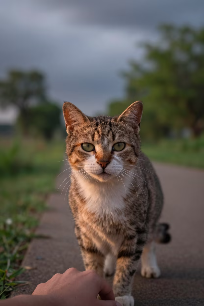 Highlander Shorthair Portrait in Nagaon Park Light in along a quiet park path with soft open shade and a clean background in Nagaon