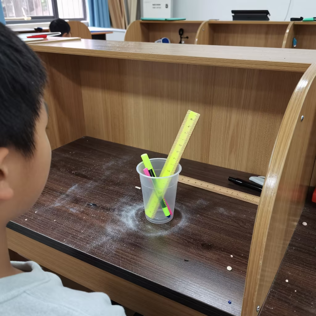 Highlighters Rulers in Woodshop Carrel Guangzhou in in a woodshop classroom in Beijing Road, Guangzhou