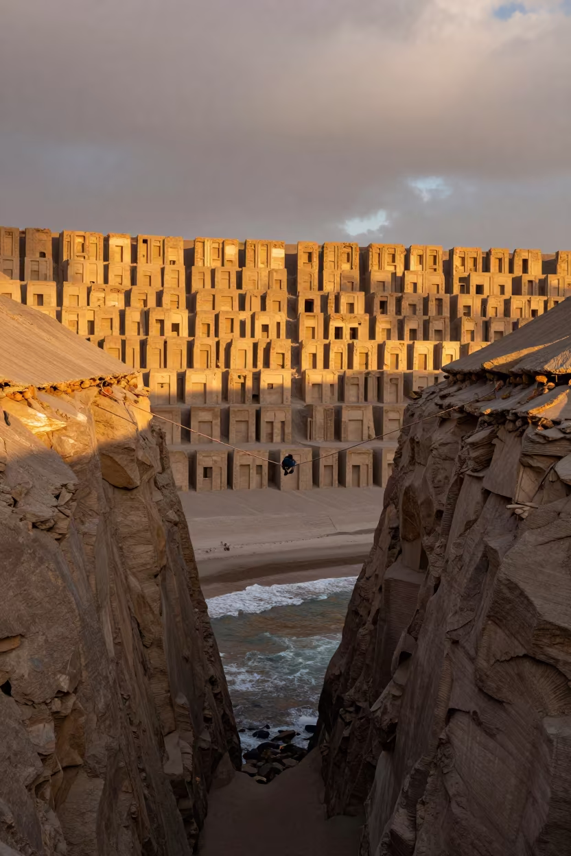 Highliner on Slackline Between Canyon Walls in along a wave-cut shoreline in Peru
