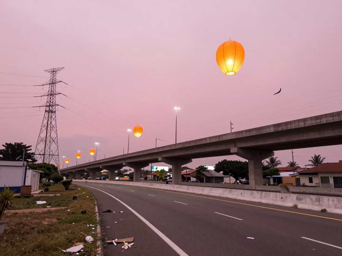 Highway Flyover with Giant Suspended Lanterns in Ceará in beneath transmission towers in Ceará