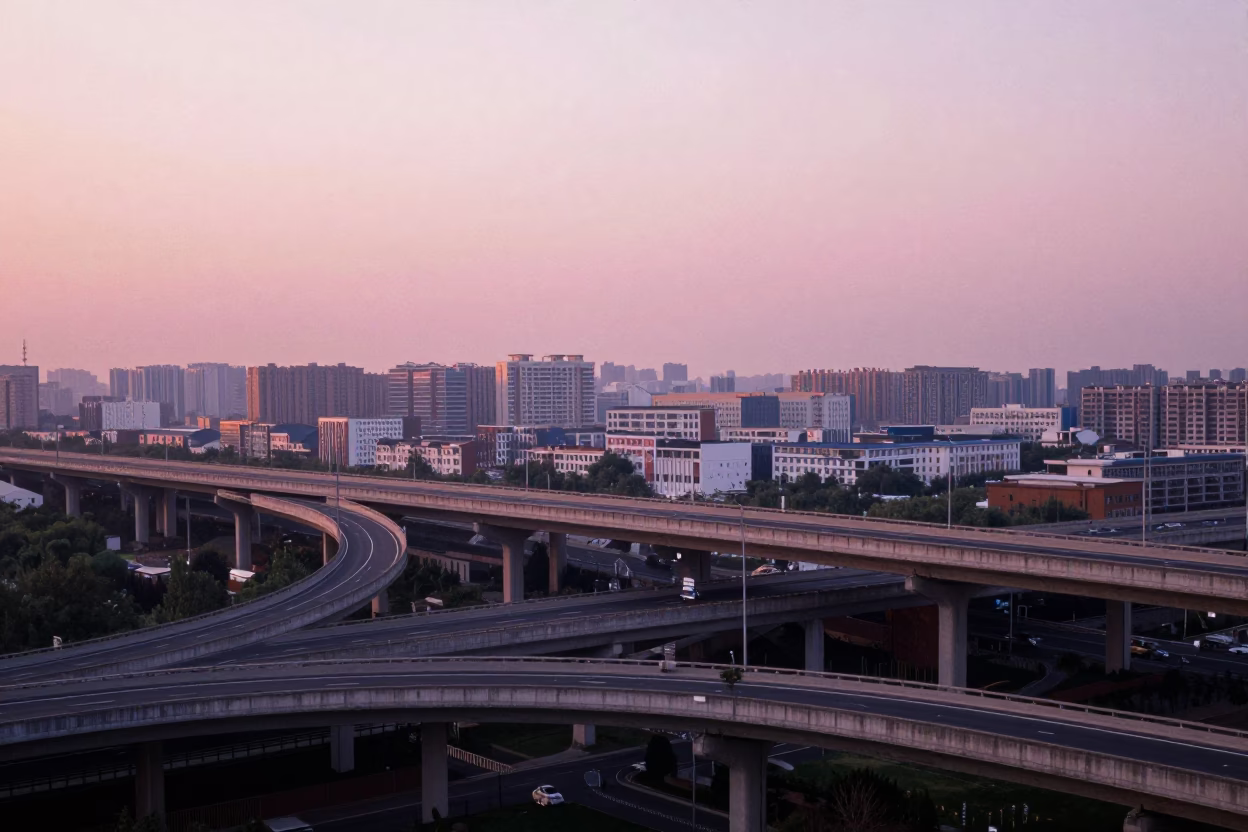 Highway Flyover Stack Cutting Across Pink Evening Sky in Beijing China Realistic Photograph in in Beijing, China