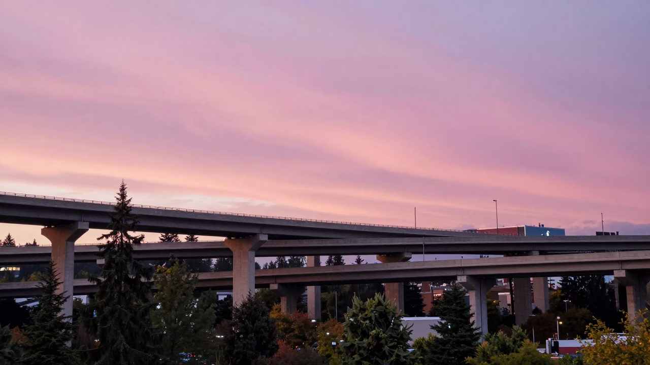 Highway Flyover Stack Cutting Across Pink Evening Sky in Portland Oregon in in Portland, Oregon, United States