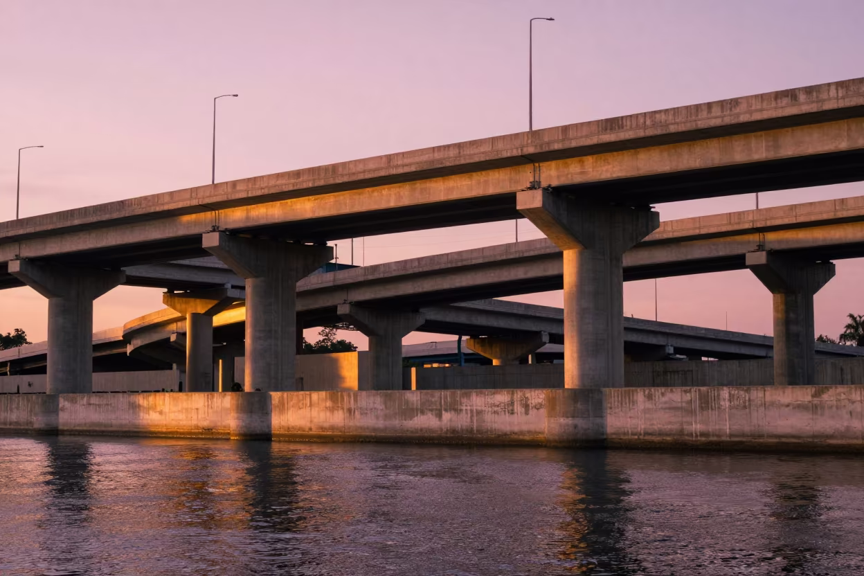 Highway Flyover Stack Over Water At Sunset in beside a storm surge barrier in Nicaragua