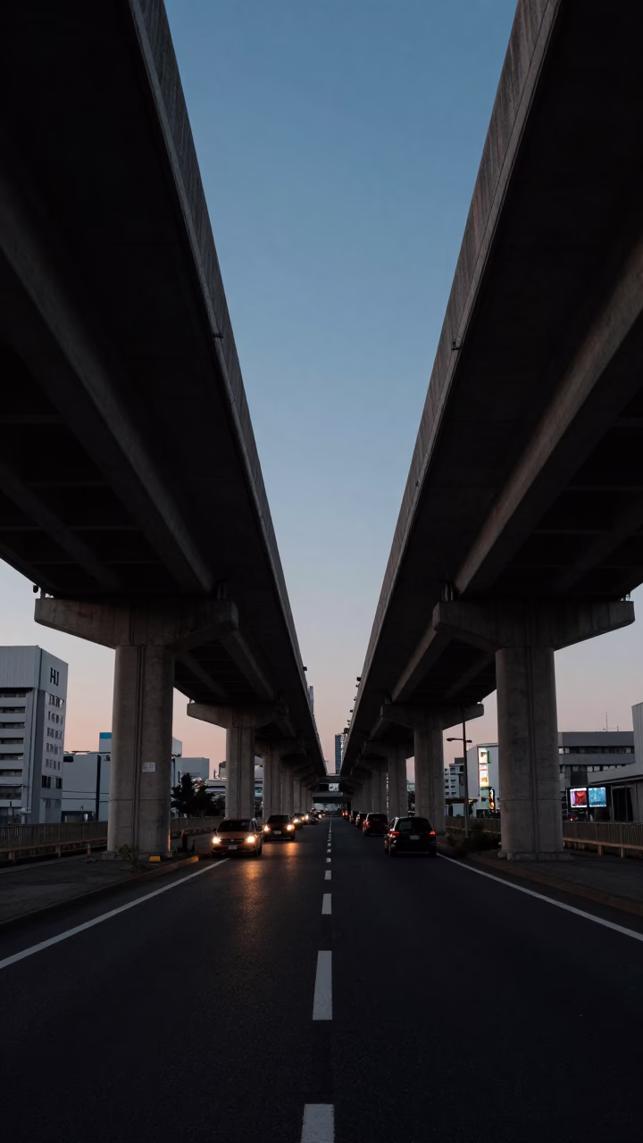 Highway Overpass in Osaka at The Still Hours Before Dawn Light in in Osaka, Japan