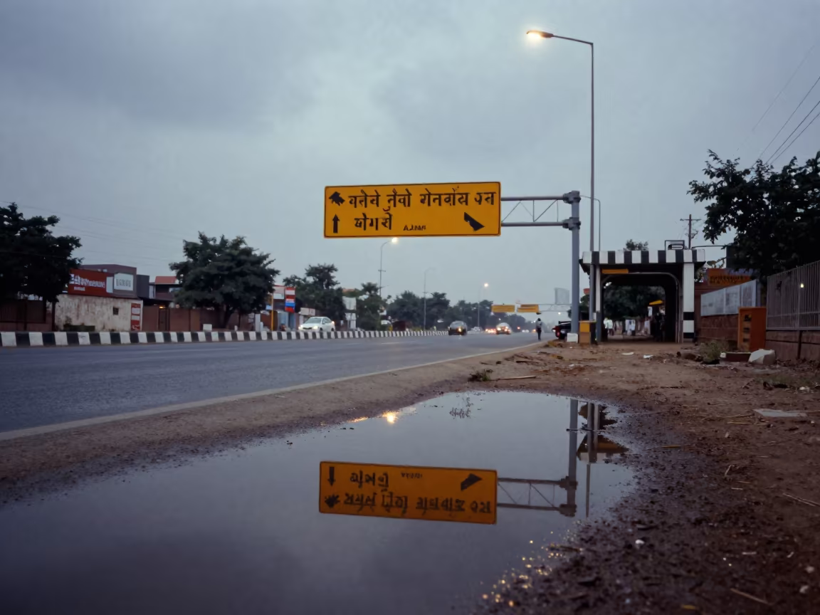 Highway Sign Reflection in Twilight Puddle in outside a metro entrance in Ajmer