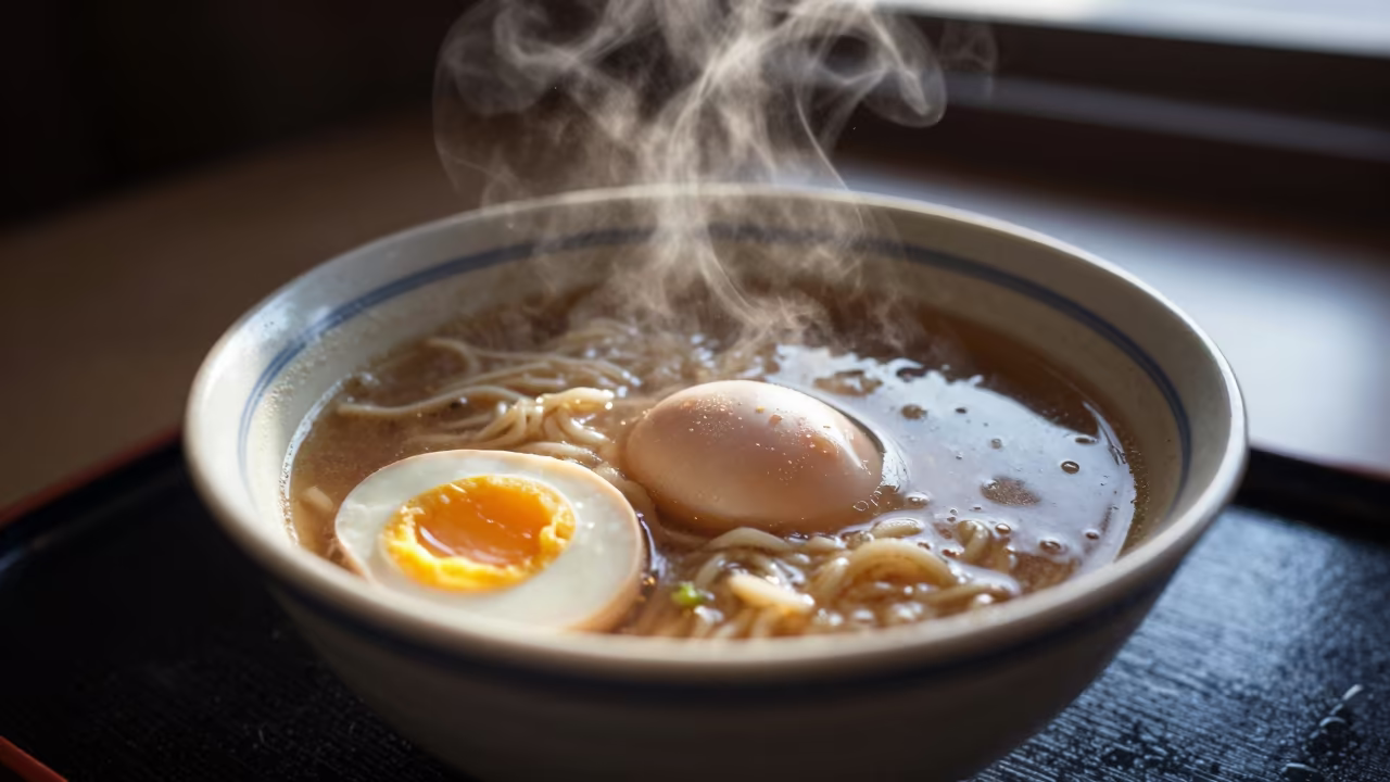 Hillah Ramen Bowl with Soft Egg on Lacquered Tray in on a lacquered tray in Hillah