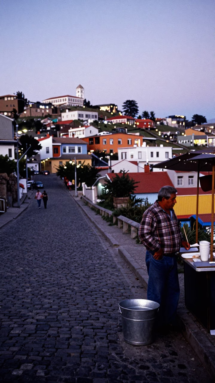Hillside Architecture in Valparaiso at Twilight in in Valparaiso, Chile