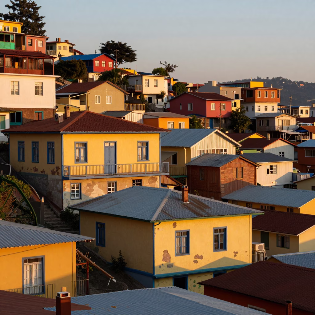 Hillside Colorful Architecture And Local Life in Valparaiso at Golden Hour in in Valparaiso, Chile