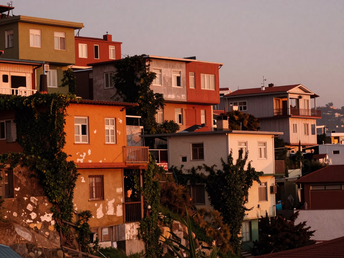 Hillside Facades in Valparaiso at Copper-toned Light Before Dusk in in Valparaiso, Chile