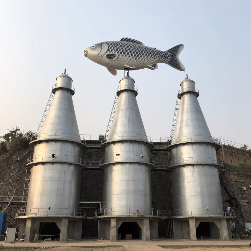 Hillside Kiln and Giant Koi in Patna Factory in on a factory floor near Patna