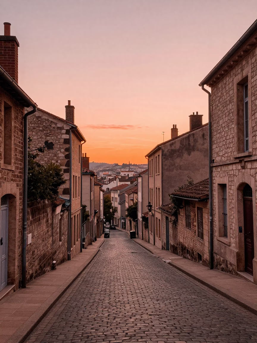 Hillside Neighborhood in Lyon at Copper-toned Light Before Dusk in in Lyon, France