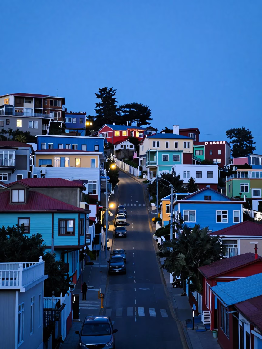Hillside Streets in Valparaiso at Indigo Twilight After Sunset in in Valparaiso, Chile