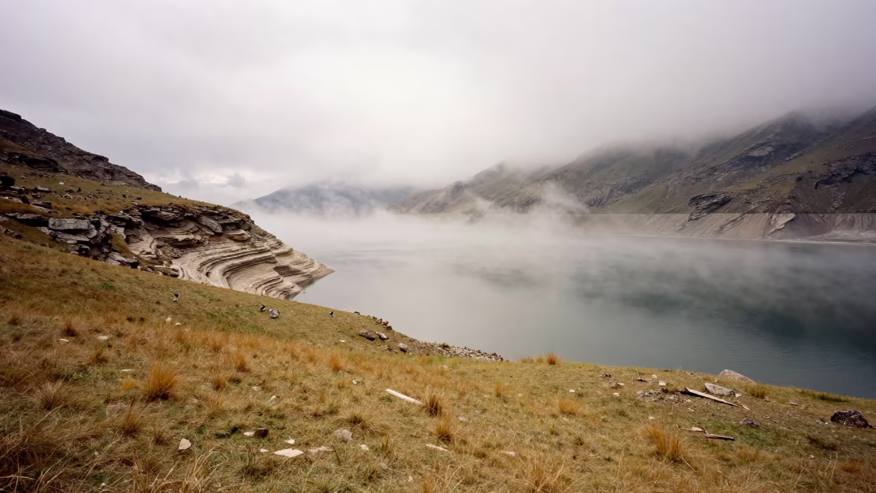 Himachal Alpine Basin Mist Over Lake Shore in along a wave-cut shoreline in Himachal Pradesh