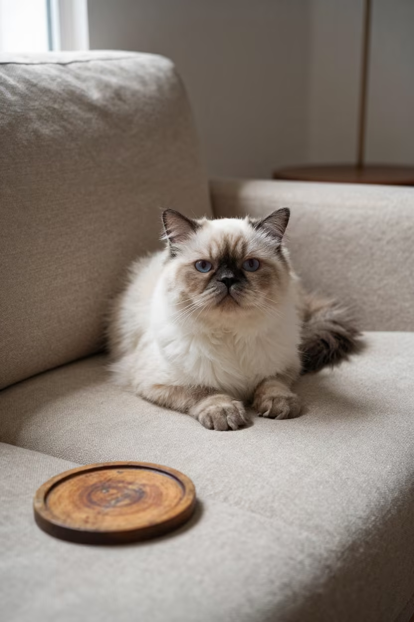Himalayan Cat Lounging on Linen Sofa in Kathmandu Light in on a linen sofa with daylight from a nearby window near Kathmandu