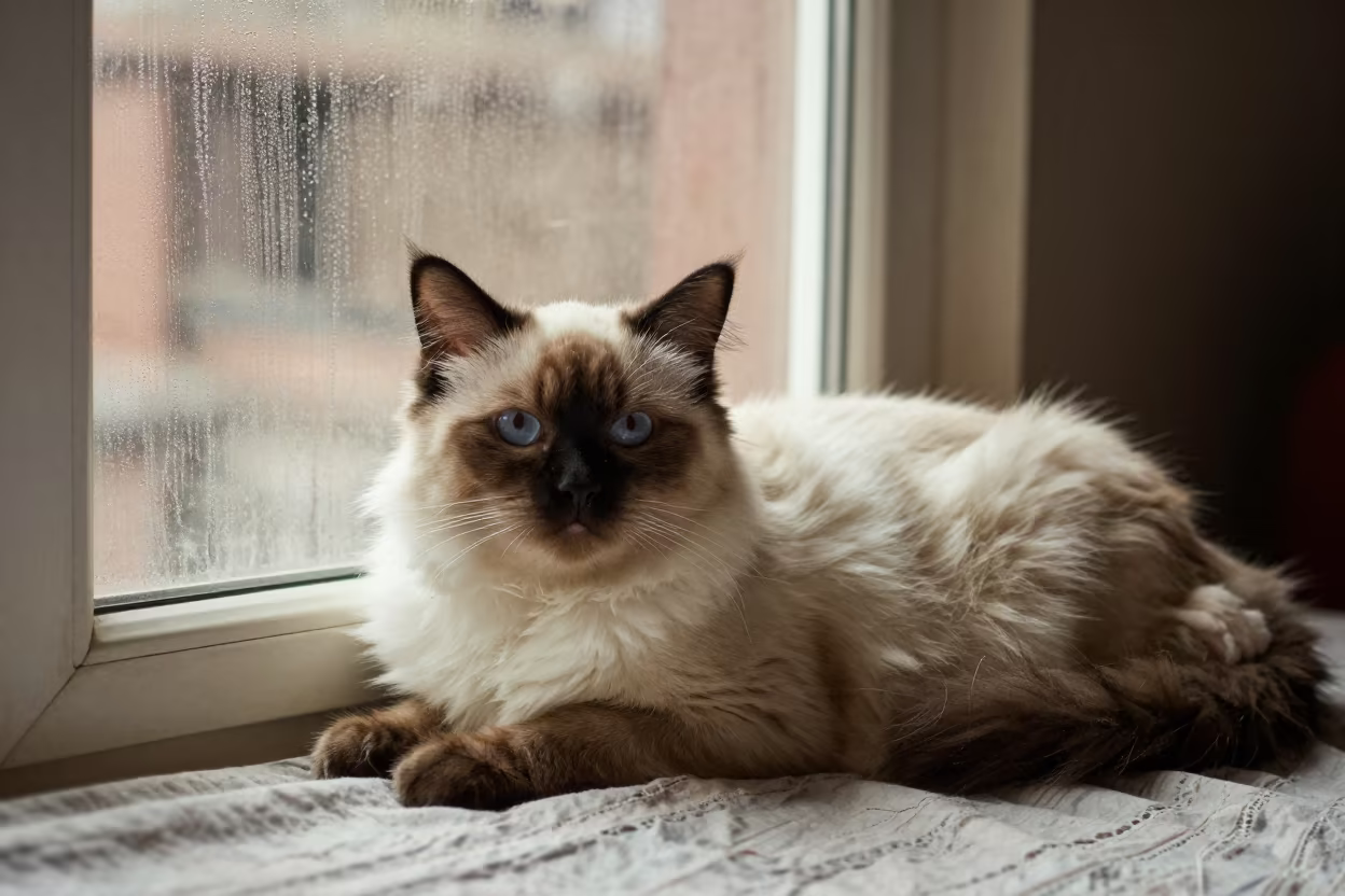 Himalayan Cat on Bedspread Near Window in Patan in on a bedspread near a bright window with calm indoor light near Patan, Kathmandu