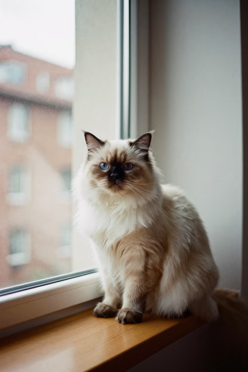 Himalayan Cat on Kathmandu Window Seat Midday in on a window seat in a quiet apartment with soft side light near Kathmandu