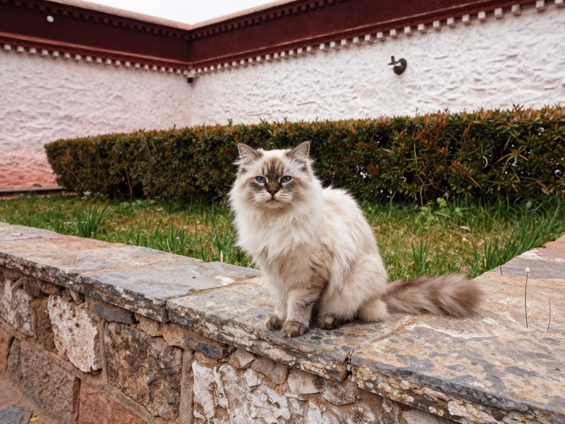 Himalayan Cat on Lhasa Courtyard Wall in Calm Light in in a small yard with clipped grass, calm light, and the animal centered in frame in Barkhor, Lhasa