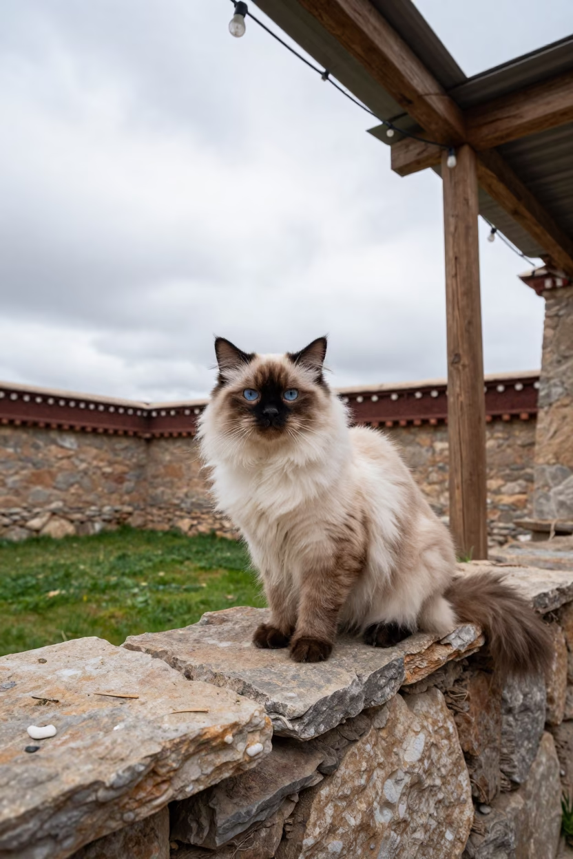 Himalayan Cat on Lhasa Courtyard Wall in in a small yard with clipped grass, calm light, and the animal centered in frame near Lhasa