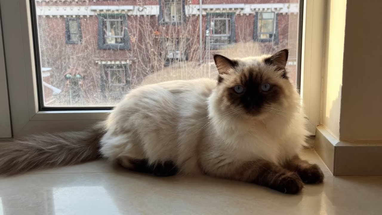 Himalayan Cat on Lhasa Window Seat in on a window seat in a quiet apartment with soft side light in Lhasa