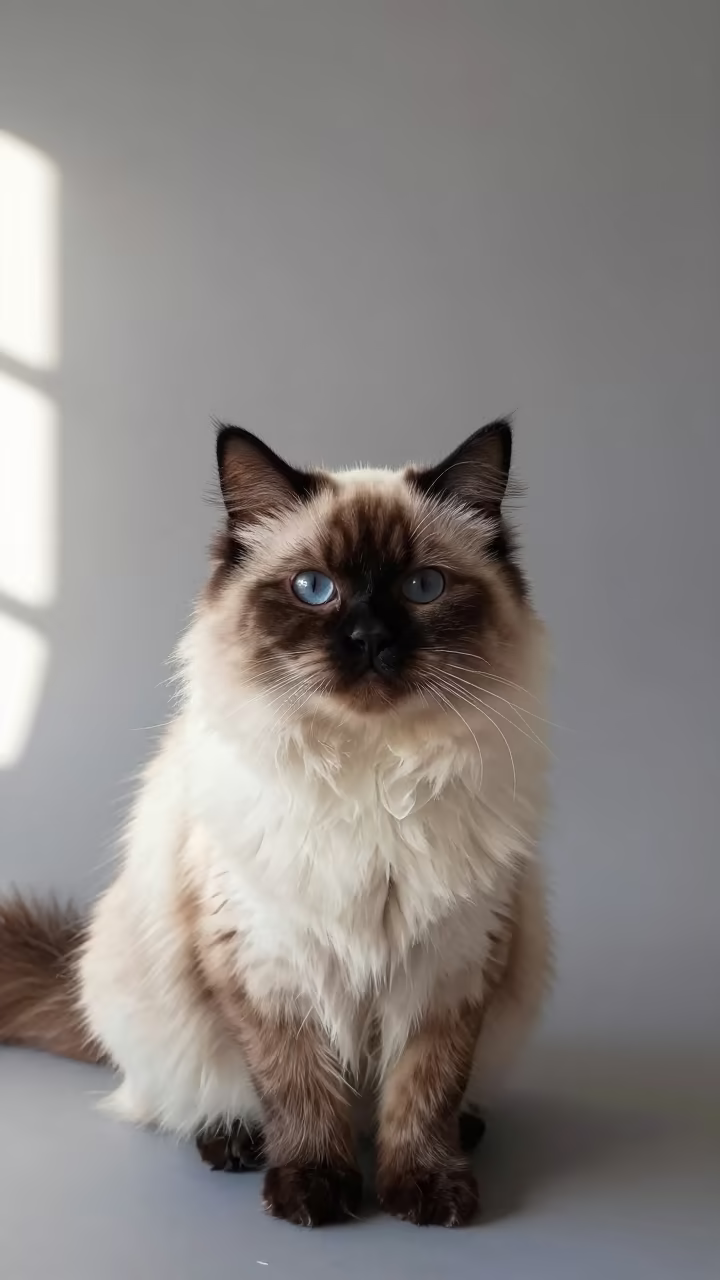 Himalayan Cat Portrait in Kathmandu Studio in in a quiet portrait studio with a plain backdrop and eye-level framing near Patan, Kathmandu