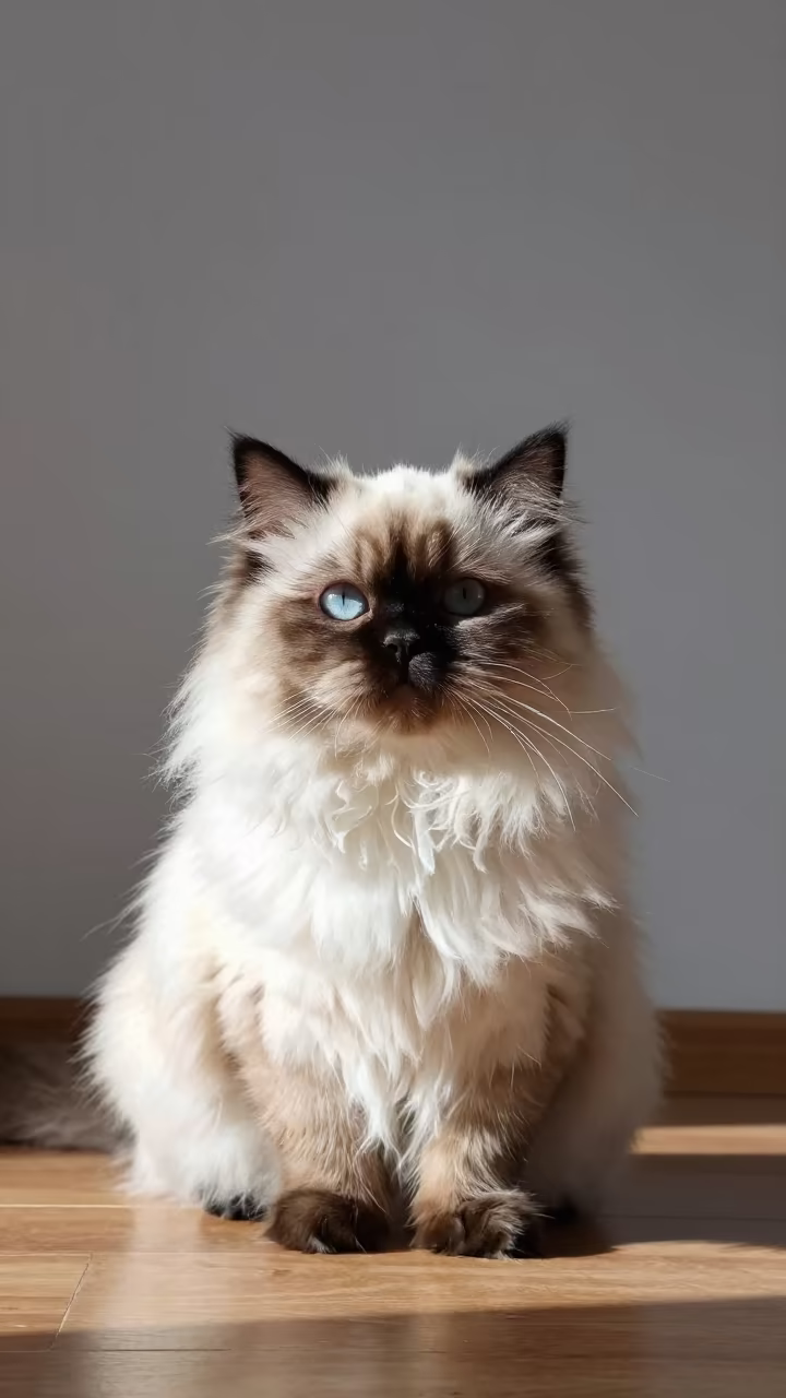 Himalayan Cat Portrait in Lhasa Studio in in a quiet portrait studio with a plain backdrop and eye-level framing near Potala, Lhasa