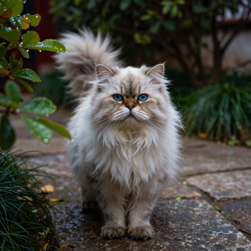Himalayan Cat Portrait in Morning Garden Light in near a garden edge with soft morning light and an uncluttered background near Lhasa