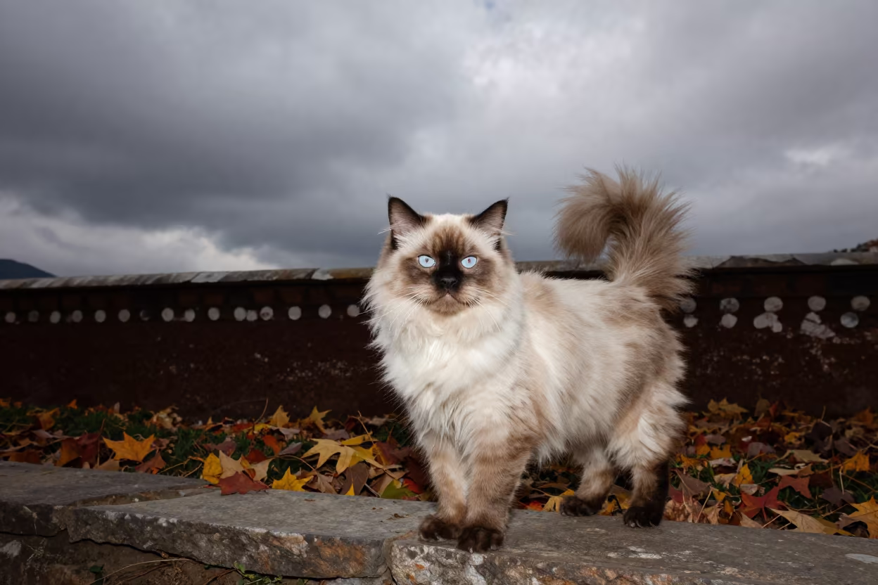 Himalayan Cat Portrait in Thimphu Garden in near a garden edge with soft morning light and an uncluttered background in Thimphu