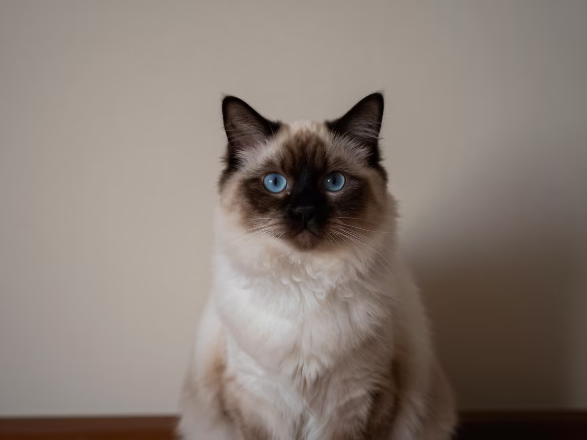 Himalayan Cat Portrait Near Leh at Nautical Dawn in beside a plain plaster wall in soft indoor light with the animal centered in frame near Leh